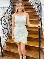 Mint Green Sequin Spaghetti Strap Short Homecoming Dress with Feathers