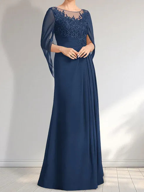 A-Linien Rundhals Illusions bodenlanges Spitzen-Chiffon Kleid für die Brautmutter mit plissierten Pailletten