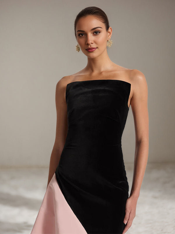 Robe formelle longue noire et rose en crêpe stretch, épaules dénudées, sans manches