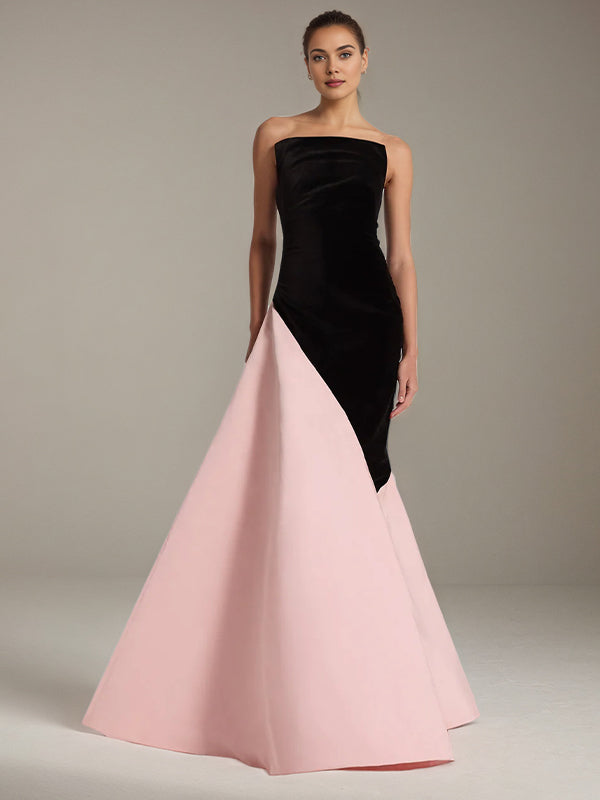 Robe formelle longue noire et rose en crêpe stretch, épaules dénudées, sans manches
