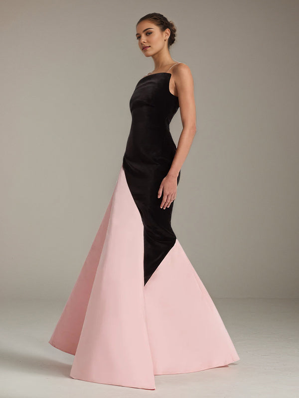 Robe formelle longue noire et rose en crêpe stretch, épaules dénudées, sans manches
