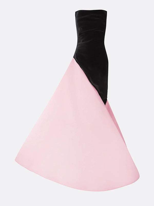 Robe formelle longue noire et rose en crêpe stretch, épaules dénudées, sans manches