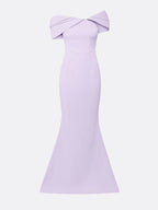 Vestido formal longo sereia lilás de crepe stretch, ombro a ombro e sem mangas