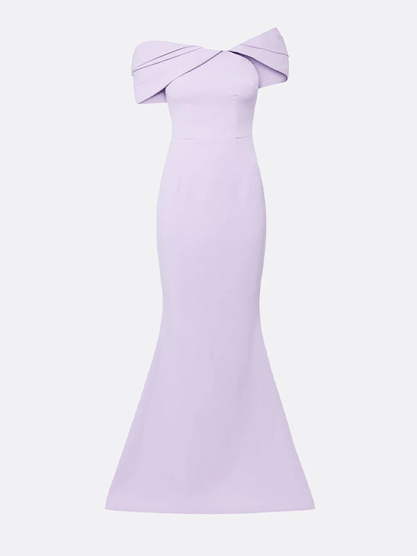 Vestido formal longo sereia lilás de crepe stretch, ombro a ombro e sem mangas
