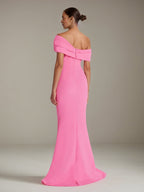 Hot Pink Stretch Crepe Off The Shoulder Sleeveless Floor Length Mermaid Formal Dress