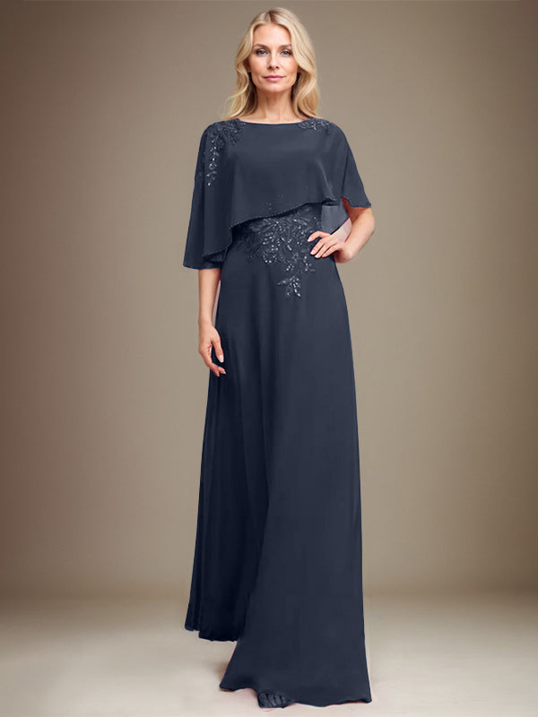 A-Linie Rundhals Bodenlanges Chiffon-Spitzenkleid für die Brautmutter mit Pailletten und Perlen