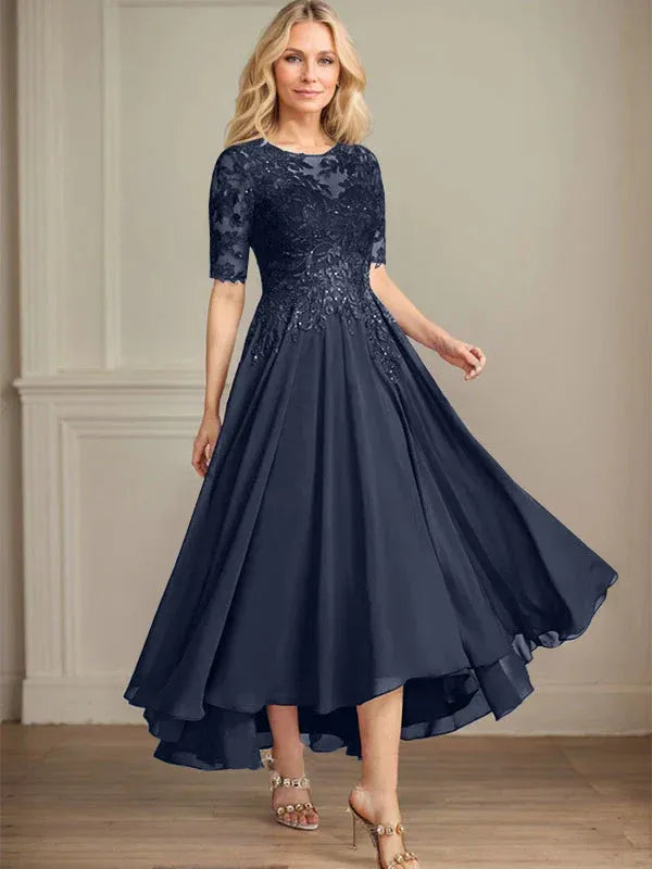 A-Linien Scoop-Ausschnitt Illusion asymmetrisches Chiffon-Spitzen-Mutter-der-Braut-Kleid mit Pailletten