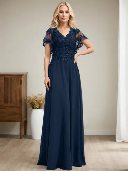A-Linien V-Ausschnitt Bodenlanges Spitzen-Chiffon Kleid für die Brautmutter mit Pailletten
