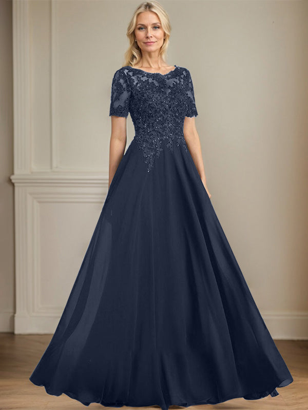 A-Linien Rundhals Illusions-Bodenlanges Chiffon-Spitzenkleid für die Mutter der Braut mit Pailletten und Perlen