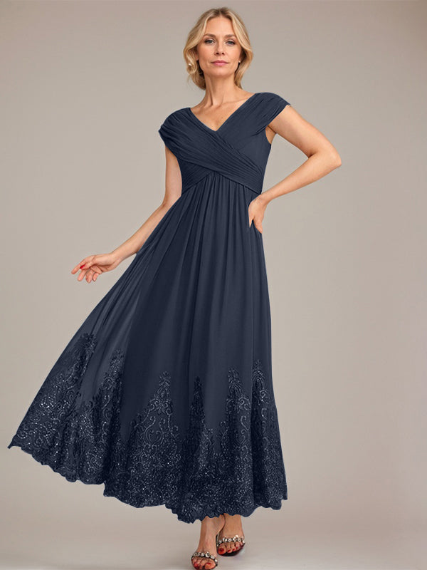 A-Linien V-Ausschnitt Knöchellanges Chiffon Kleid der Brautmutter mit Applikationen und Pailletten