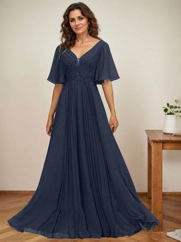 A-Linien V-Ausschnitt bodenlanges Chiffon Mutterkleid der Braut mit Pailletten-Applikationen, Spitze und Falten