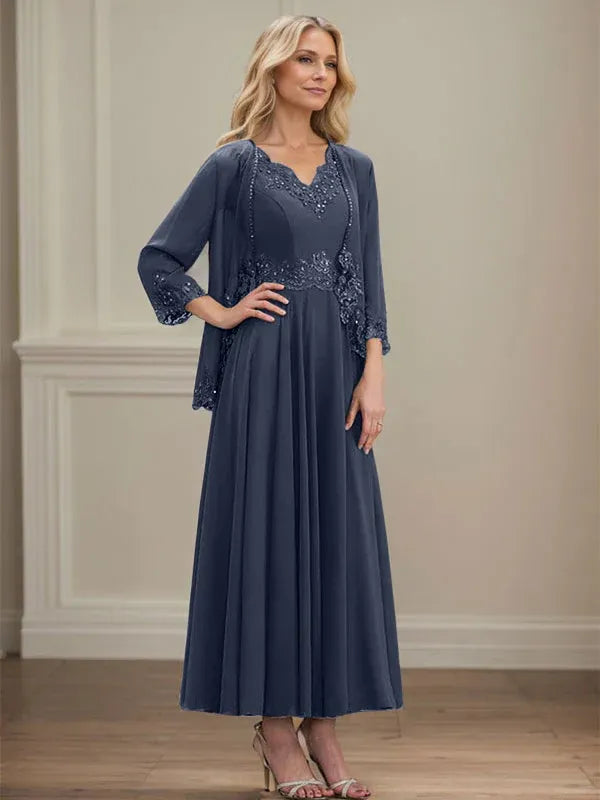 A-Linien Kleid mit V-Ausschnitt, knöchellang, aus Chiffon, Mutter der Braut Kleid mit Pailletten, Applikationen, Spitze und Perlenbesatz