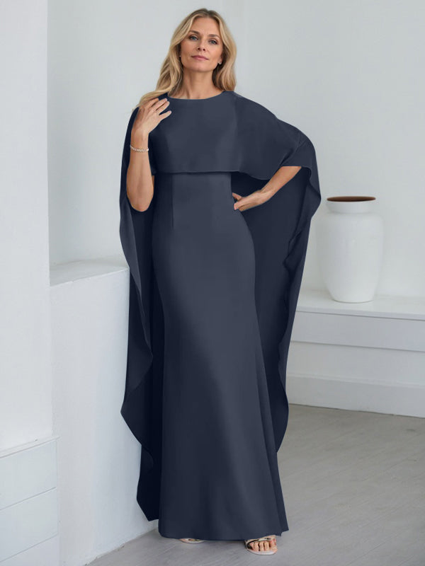 Etui-Kleid mit Rundhalsausschnitt, bodenlang, Chiffon, Mutter-der-Braut-Kleid mit kaskadierenden Rüschen