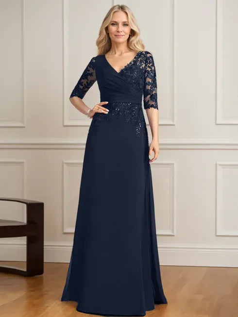 A-Linien V-Ausschnitt bodenlanges Spitzen-Chiffon Kleid der Brautmutter mit plissierten Pailletten