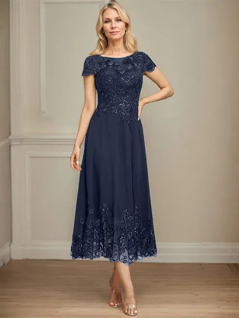 A-Linien Illusions Rundhals tea-langes Spitzenchiffon Mutter der Braut Kleid mit Pailletten