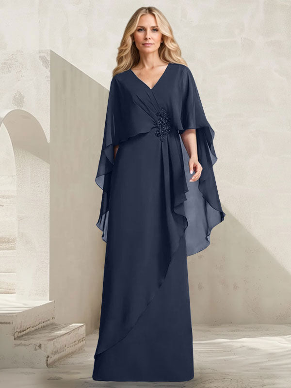 Robe mère de la mariée longue en chiffon coupe trapèze à col en V avec volants en cascade et perles