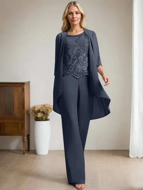 Zweiteiler Jumpsuit/Hosenanzug mit Rundhalsausschnitt, bodenlanges Chiffon-Spitzenkleid für die Mutter der Braut mit Perlen und Pailletten