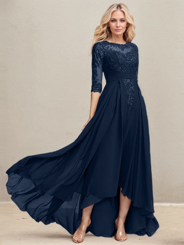 A-Linien Ausschnitt Illusions Asymmetrisches Spitzen-Chiffon Kleid für die Mutter der Braut mit plissierten Pailletten