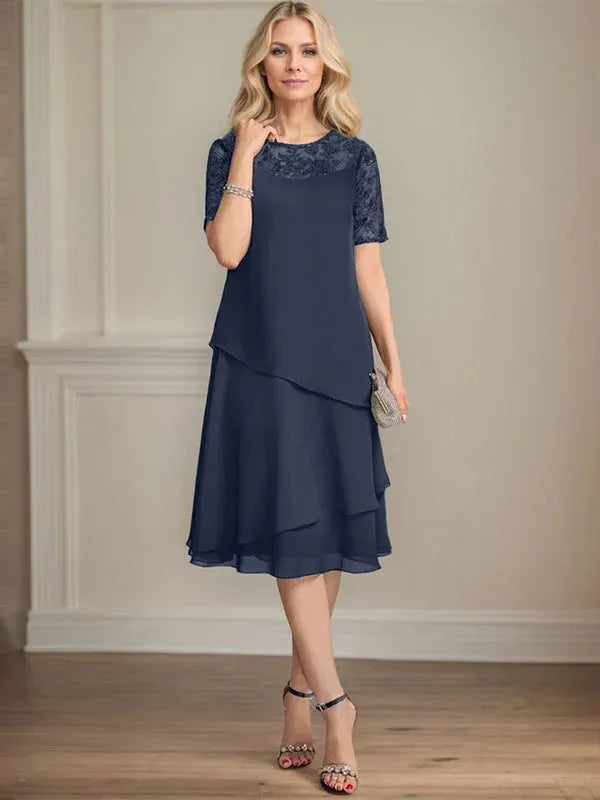 A-Linien Rundhals Illusions-Knie-Länge Spitzen-Chiffon Kleid für die Brautmutter mit Pailletten