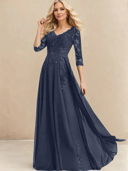 A-Linien V-Ausschnitt Bodenlanges Spitzen-Chiffon Kleid für die Brautmutter mit Pailletten