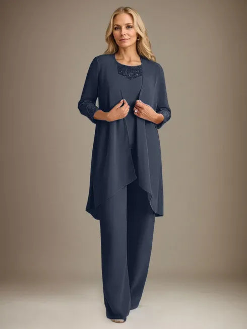 Chiffon Kleid mit Rundhalsausschnitt und langen Ärmeln, Mutter-der-Braut Hosenanzug mit Jacke