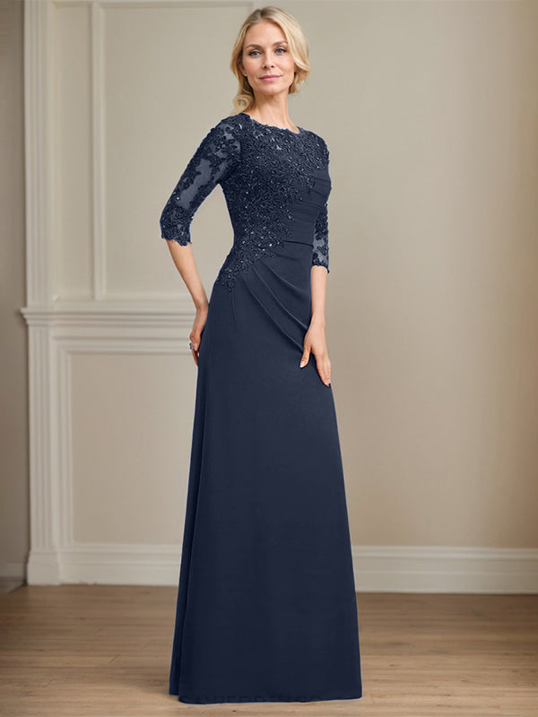 A-Linie Rundhals bodenlanges Chiffon Spitzen Brautmutterkleid mit Perlen Falten Pailletten