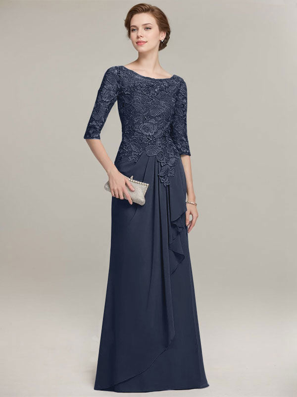 A-Linien Rundhalsausschnitt Illusions bodenlanges Spitzen-Chiffon Mutter der Braut Kleid mit kaskadierenden Rüschen