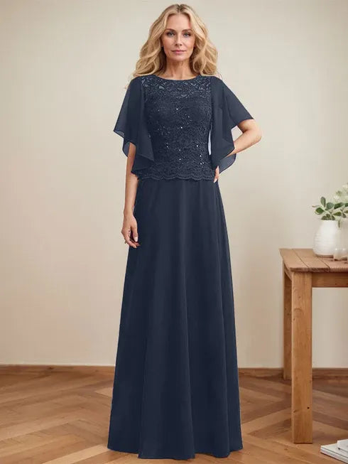 A-Linien Rundhals Illusions-Bodenlanges Spitzen-Chiffon Mutter-der-Braut-Kleid mit Pailletten