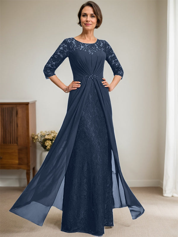 A-Linien Rundhalsausschnitt Illusions-Bodenlanges Spitzen-Chiffonkleid für die Brautmutter mit Perlen und Volants