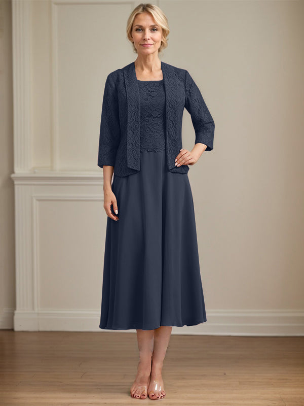 A-Linien Kleid mit Rundhalsausschnitt, tea-länge, Spitze und Chiffon, Mutter der Braut Kleid