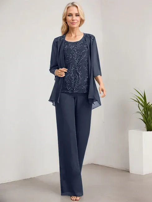 Zweiteiler Jumpsuit/Hosenanzug U-Ausschnitt bodenlanges Spitzen Chiffon Mutter der Braut Kleid mit Pailletten