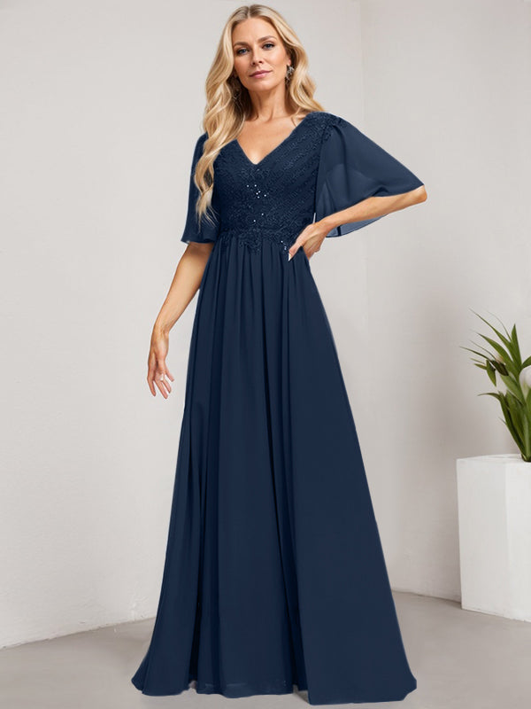 Robe mère de la mariée ligne A col en V longue en dentelle et chiffon avec sequins