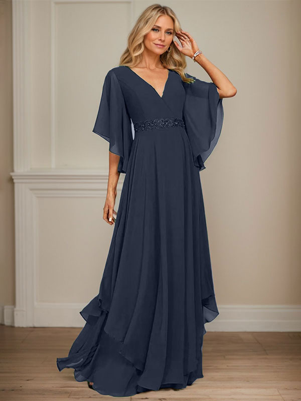 A-Linien V-Ausschnitt bodenlanges Chiffon-Mutter-der-Braut-Kleid mit Pailletten-Applikationen, Spitze und Perlen