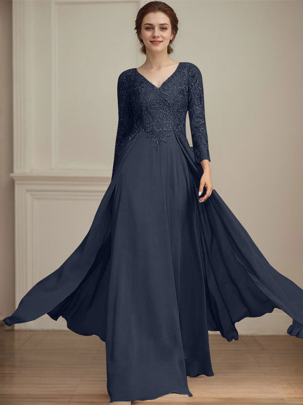 A-Linien V-Ausschnitt Bodenlanges Spitzen-Chiffon Kleid für die Brautmutter mit Pailletten