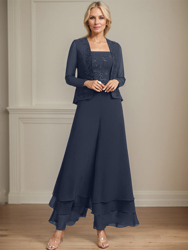 Zweiteiler Jumpsuit/Hosenanzug quadratisch knöchellang Spitze Chiffon Brautmutterkleid mit Pailletten