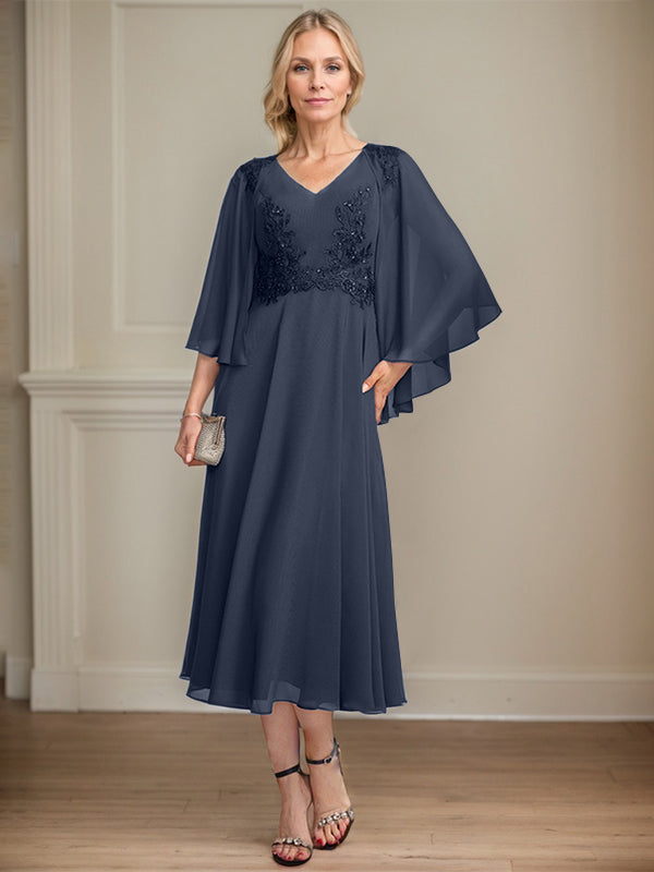 A-Linien-Brautmutterkleid aus Chiffon, V-Ausschnitt, tea-length mit Spitze, Pailletten und Perlen