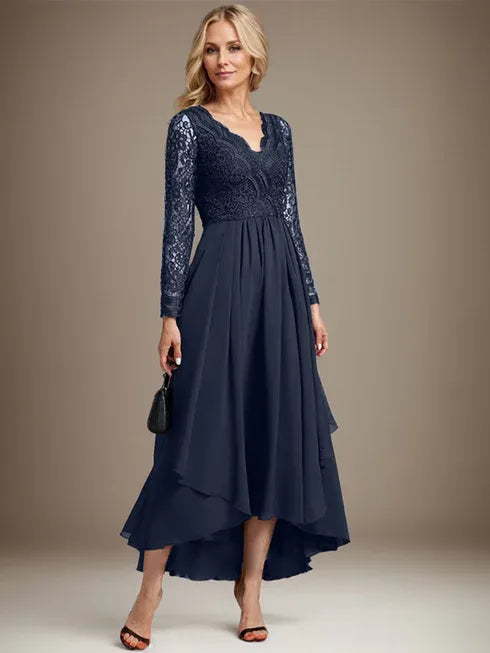 Vestido de madre de la novia en línea A con escote en V, encaje y gasa asimétrica