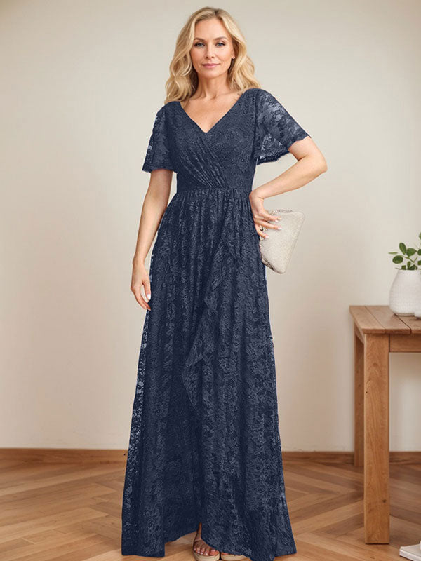 A-Linien Spitzen-Mutter-der-Braut-Kleid mit V-Ausschnitt, asymmetrisch und mit kaskadierenden Rüschen