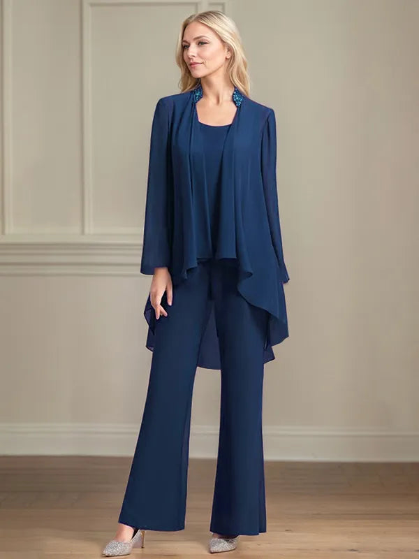 Chiffon Kleid mit Rundhalsausschnitt, langen Ärmeln, bodenlang, Hosenanzug für die Brautmutter