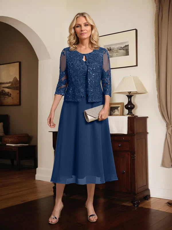 A-Linien Spitzen-Chiffon-Brautmutterkleid mit V-Ausschnitt, tea-length, mit Pailletten