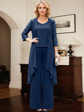 Ensembles bleu marine combinaison/pantalon à col rond en chiffon longueur sol robe mère de la mariée