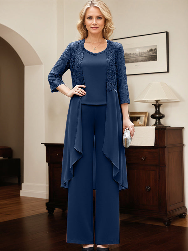 Ensembles bleu marine combinaison/pantalon à col rond en chiffon longueur sol robe mère de la mariée