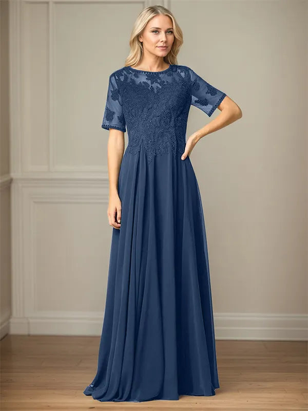 A Line Chiffon Scoop Neck Short Sleeves Floor Length Mother of the Bride Dresses