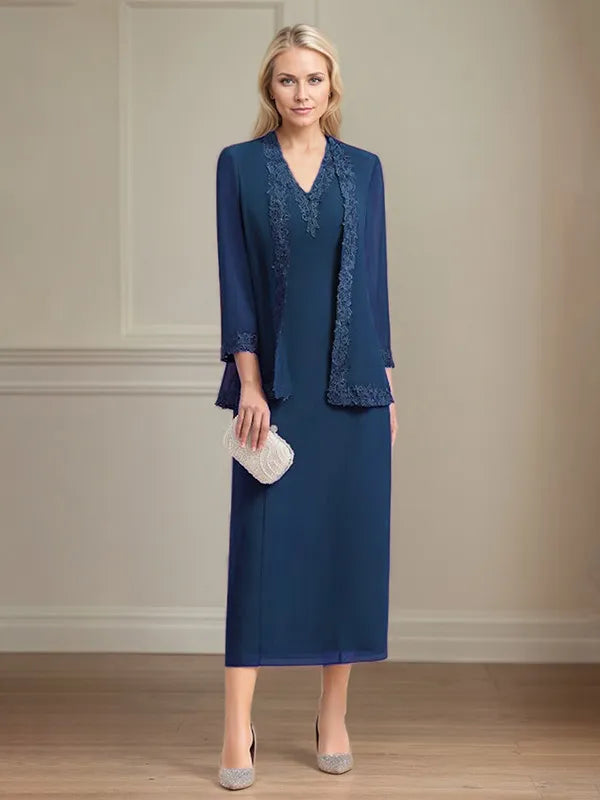 Etui/Column Chiffon V-Ausschnitt 3/4 Ärmel Tea-Length Kleid für die Mutter der Braut
