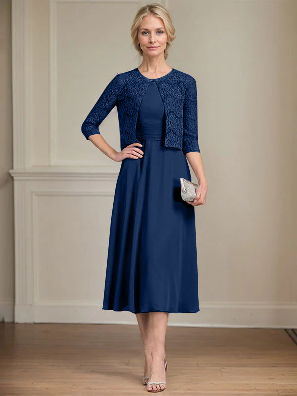 A-Linien Rundhals Tee-Länge Chiffon Kleid für die Mutter der Braut mit Falten
