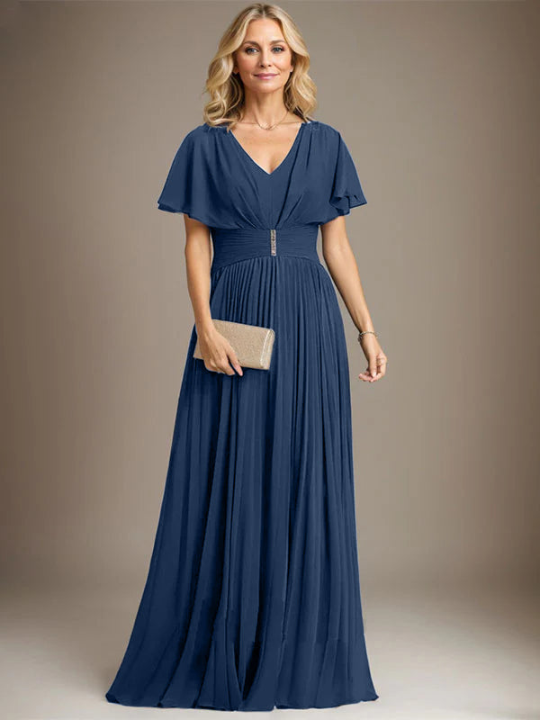 A-Linien V-Ausschnitt Bodenlanges Chiffon Brautmutterkleid mit Kristallbrosche und Plisseefalten