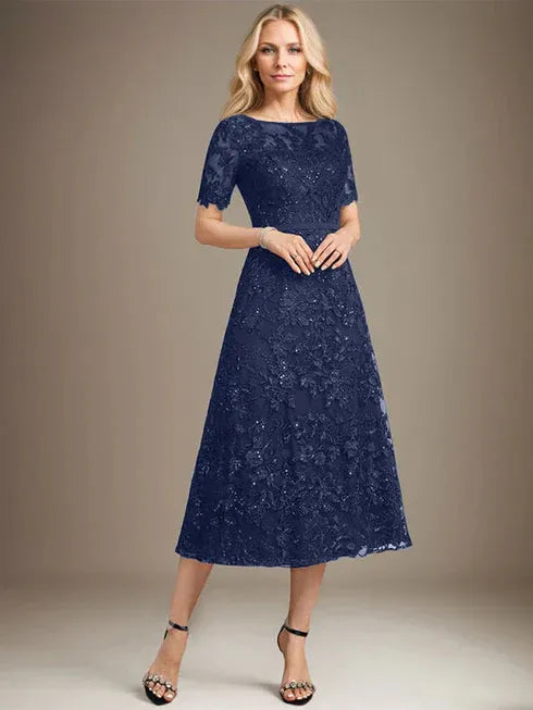 A-Linien Rundhals Illusions-Tea-Length Spitzenkleid der Brautmutter mit Pailletten