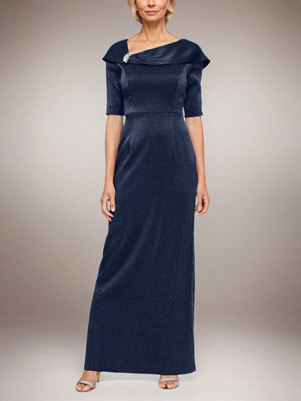 Langes schimmerndes Säulenkleid mit umgeschlagenem Ärmelbündchen, L-Ausschnitt und Ellbogenärmeln