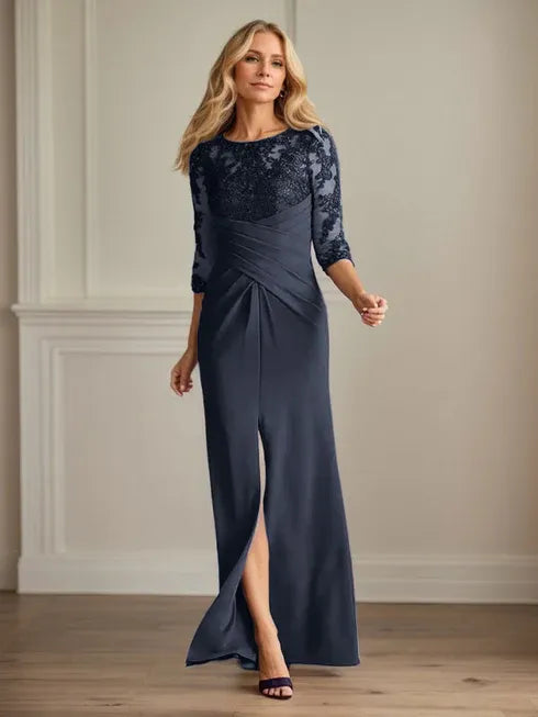 Pflaumenfarbenes eng anliegendes Spitzen Stretch Krepp Kleid für die Brautmutter
