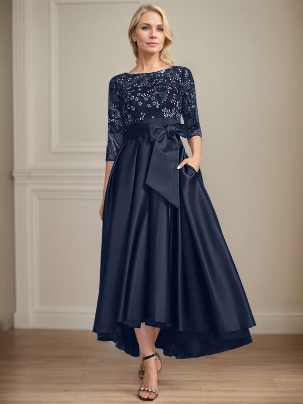 A-line Scoop Illusion Asymmetrical Satin Lace Mother of the Bride Dress With Bow